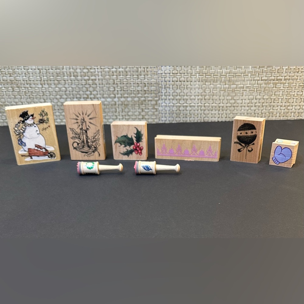 🎄VTG 1990s-2000s Set of 8 Christmas Themed Wood Mounted Rubber Stamps